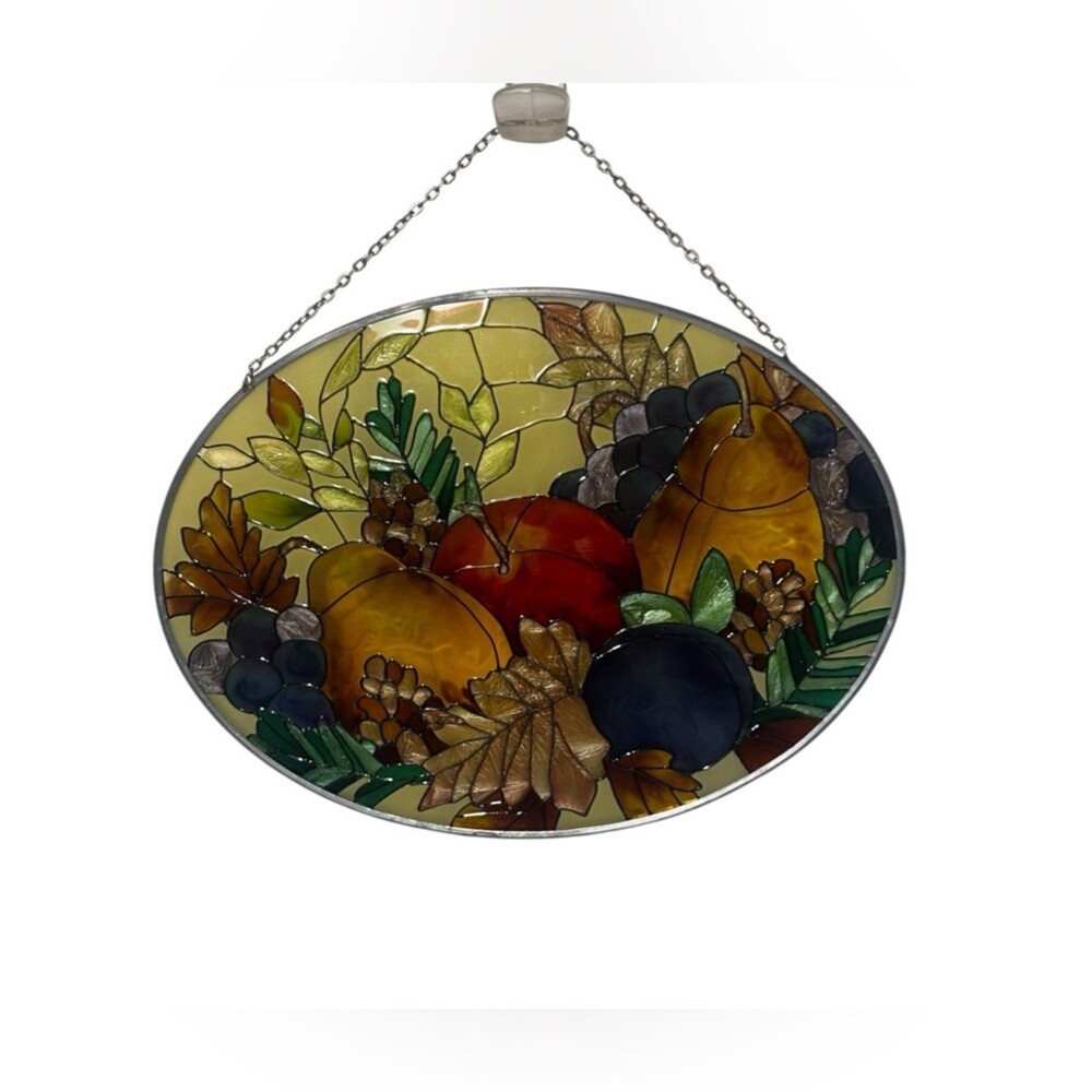 Hand Painted Glass Fruit and Leaf Suncatcher Oval Autumn Harvest Window Hanging